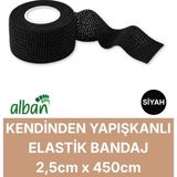 Alban 2,5cm Kendinden Yapışkanlı Elastik Bandaj, Kohesiv Bandaj 2,5cm x 4.5m – Spor, Bilek, Ayak Bileği, Veteriner Bandajı - 2.5 cm x 4.5 m - Siyah