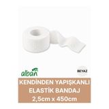 Alban 2,5cm Kendinden Yapışkanlı Elastik Bandaj, Kohesiv Bandaj 2,5cm x 4.5m – Spor, Bilek, Ayak Bileği, Veteriner Bandajı(Beyaz)