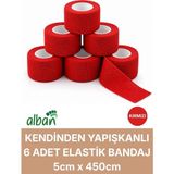Alban 5cm 6'lı Set Kendinden Yapışkanlı Elastik Bandaj, Kohesiv Bandaj 5cm x 4.5m – Spor, Bilek, Ayak Bileği, Veteriner Bandajı - 5 cm x 4.5 m - Kırmızı