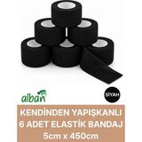 Alban 5cm 6'lı Set Kendinden Yapışkanlı Elastik Bandaj, Kohesiv Bandaj 5cm x 4.5m – Spor, Bilek, Ayak Bileği, Veteriner Bandajı - 5 cm x 4.5 m - Siyah