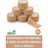 Alban 5cm 6'lı Set Kendinden Yapışkanlı Elastik Bandaj, Kohesiv Bandaj 5cm x 4.5m – Spor, Bilek, Ayak Bileği, Veteriner Bandajı - Bej - 5 cm x 4.5 m