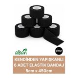 Alban 5cm 6'Lı Set Kendinden Yapışkanlı Elastik Bandaj, Kohesiv Bandaj 5cm x 4.5m – Spor, Bilek, Ayak Bileği, Veteriner Bandajı(Siyah)