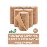 Alban 7,5cm 6'Lı Set Kendinden Yapışkanlı Elastik Bandaj, Kohesiv Bandaj 5cm x 4.5m – Spor, Bilek, Ayak Bileği, Veteriner Bandajı(Bej)