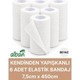 Alban 7,5cm 6'lı Set Kendinden Yapışkanlı Elastik Bandaj, Kohesiv Bandaj 7,5cm x 4.5m – Spor, Bilek, Ayak Bileği, Veteriner Bandajı - 7.5 cm x 4.5 m - Beyaz