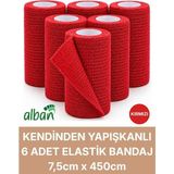 Alban 7,5cm 6'lı Set Kendinden Yapışkanlı Elastik Bandaj, Kohesiv Bandaj 7,5cm x 4.5m – Spor, Bilek, Ayak Bileği, Veteriner Bandajı - 7.5 cm x 4.5 m - Kırmızı