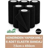 Alban 7,5cm 6'lı Set Kendinden Yapışkanlı Elastik Bandaj, Kohesiv Bandaj 7,5cm x 4.5m – Spor, Bilek, Ayak Bileği, Veteriner Bandajı - 7.5 cm x 4.5 m - Siyah