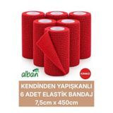 Alban 7,5cm 6'Lı Set Kendinden Yapışkanlı Elastik Bandaj, Kohesiv Bandaj 7,5cm x 4.5m – Spor, Bilek, Ayak Bileği, Veteriner Bandajı(Kırmızı)