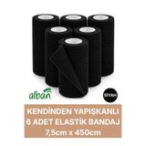Alban 7,5cm 6'Lı Set Kendinden Yapışkanlı Elastik Bandaj, Kohesiv Bandaj 7,5cm x 4.5m – Spor, Bilek, Ayak Bileği, Veteriner Bandajı(Siyah)