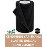 Alban 7,5cm Kendinden Yapışkanlı Elastik Bandaj, Kohesiv Bandaj 7,5cm x 4.5m – Spor, Bilek, Ayak Bileği, Veteriner Bandajı - 7.5 cm x 4.5 m - Siyah