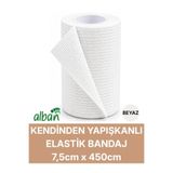 Alban 7,5cm Kendinden Yapışkanlı Elastik Bandaj, Kohesiv Bandaj 7,5cm x 4.5m – Spor, Bilek, Ayak Bileği, Veteriner Bandajı(Beyaz)