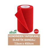 Alban 7,5cm Kendinden Yapışkanlı Elastik Bandaj, Kohesiv Bandaj 7,5cm x 4.5m – Spor, Bilek, Ayak Bileği, Veteriner Bandajı(Kırmızı)