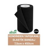 Alban 7,5cm Kendinden Yapışkanlı Elastik Bandaj, Kohesiv Bandaj 7,5cm x 4.5m – Spor, Bilek, Ayak Bileği, Veteriner Bandajı(Siyah)