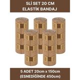 Alban Elastik Bandaj Seti 5’li (5X20CM) 20 Klipsli 4,5 Metreye Kadar Uzar, Spor ve Günlük Kullanım - 20 cm - Kahverengi