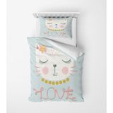 Alban Home Genç Çocuk Desen Mikro Saten 3D Dijital Baskı Tek Kişilik Nevresim Takımı Cat Love - Renkli - 160 x 220 cm
