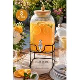 Albergio 8 Litre Cam Şerbetlik Cam Sebil | Standlı Vakumlu Bambu Kapaklı Su ve İçecek Dağıtıcı