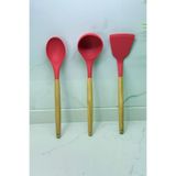 Albergio Ahşap Saplı Silikon Mutfak Seti – 32 cm Kaşık-Kepçe-Spatula Kırmızı