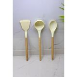 Albergio Ahşap Saplı Silikon Mutfak Seti – 32 cm Kaşık-Kepçe-Spatula Krem - Çok Renkli
