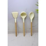 Albergio Ahşap Saplı Silikon Mutfak Seti – 32 cm Kaşık-Kepçe-Spatula Krem