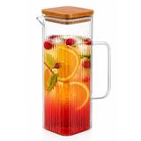 Albetto 1000 ml Borosilikat Çizgili Cam Kare Sürahi | Bambu Kapaklı Isıya Dayanıklı Cam Sürahi 8x8x23 cm