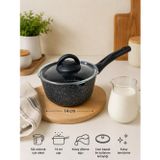 Albetto 14 cm Kapaklı Granit Görünümlü Sütlük Cezve | Pyrex Cam Kapaklı | Sosluk & Isıtma Tenceresi