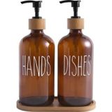 Albetto 2’li Hands Dishes Dekoratif Mutfak Banyo Sıvı Cam Sabunluk Seti 500ml Bambu Stantlı Set