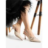 Albishoes Çift Toka Detaylı Arkası Açık Rugan Sivri Burun 8 cm Ince Topuklu Stiletto Kadın Ayakkabı - Krem Rugan