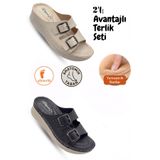 AlbiShoes Kadın 2'Li Süper Avantaj Paketi Çift Tokalı Yumuşak Ped Rahat Taban Günlük Kadın Terlik
