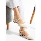 Albishoes Kadın Kare Topuk 4 cm Tokalı Şerit Bant Arkası Açık Sivri Burun Şık Günlük Kadın Ayakkabı - Krem