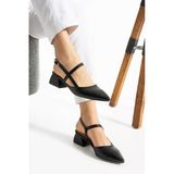 Albishoes Kadın Kare Topuk 4 Cm Tokalı Şerit Bant Arkası Açık Sivri Burun Şık Günlük Kadın Ayakkabı