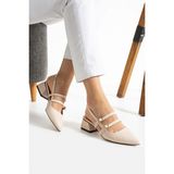 Albishoes Kadın Kare Topuklu 5 cm Rugan Arkası Açık Sivri Burun Ayakkabı Alçak Topuk Kadın Ayakkabı - Krem