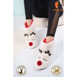 Albishoes Kız Çocuk Geyik Figürlü Ev Botu Panduf Çocuk Peluş Rahat Sessiz Kaymaz Taban Ev Ayakkabısı - Krem