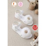 Albishoes Kız Çocuk Ponpon Püsküllü Taşlı Yazlık Cırtlı Kız Çocuk Sandalet Yumuşak Rahat Taban - Beyaz