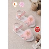Albishoes Kız Çocuk Ponpon Püsküllü Taşlı Yazlık Cırtlı Kız Çocuk Sandalet Yumuşak Rahat Taban - Pudra