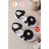 Albishoes Kız Çocuk Ponpon Püsküllü Taşlı Yazlık Cırtlı Kız Çocuk Sandalet Yumuşak Rahat Taban - Siyah