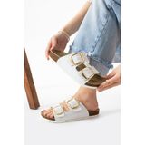 Albishoes Sindy Anatomik Comfort Yumuşak Rahat Taban Günlük Çift Bantlı Tokalı Şık Kadın Terlik - Beyaz
