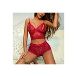 Albonse Dantel Crop Bralet Şort Takımı, S/M, AR6696-K, Kırmızı, Kadın