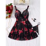 albonse Kadın Fantazi Iç Giyim Takımı Transparan Siyah Babydoll String Set - L / XL