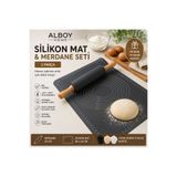 ALBOY HOME Silikon Hamur Açma Matı ve Ahşap Saplı Merdane Seti 60x40 cm + Silikon Tutacak Hediyeli