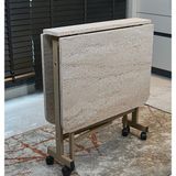 Alchair Almira 68 x 110 Traverten Açılabilir Katlanabilir Tekerlekli Mutfak Çalışma Masası Vizon Metal Ayak - Bej