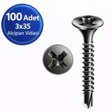 Alçıpan Vidası, Siyah, 3.5x35 mm, Borazan Başlı, Metal Profil Uyumlu, Matkap Uçlu, 100 Adet