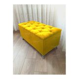 Aldagelsin Lüks Sandıklı Kapitoneli Ayakucu Puf Bench 90 Cm Gümüş Ayak Sarı 90 X 45