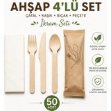Alenked Ahşap 4'şü Set Çatal Kaşık Bıçak Peçete Ikram Seti 50 Adet