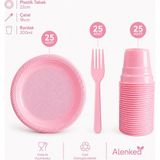 alenked Pembe 3’lü Plastik Tabak Bardak Çatal Seti 25 Kişilik