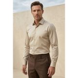 alenmeza Erkek Bej Rengi %100 Pamuk Saten Non-Iron Ütü Istemeyen Casual Cepsiz Modern Fit Gömlek