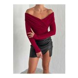 alenmoda Asimetrik Madonna Yaka Uzun Kol Sandy Crop Bluz