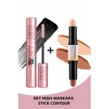 AL&ES kozmetik Sky High Maskara + Stick Kontür Seti 2'li Profesyonel Makyaj Seti