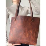 Alesta Leather Atelier El Yapımı Hakiki Deri Kadın Tote Çanta / Omuz Çantası - Koyu Taba