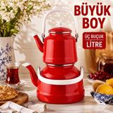 Alev Emaye Büyük Boy Emaye Çaydanlık Seti – Üst 1,5 Litre, Alt 3,5 Litre, Kapaklı ve Alt Kapaklı - Kırmızı