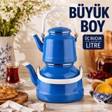 Alev Emaye Büyük Boy Emaye Çaydanlık Seti – Üst 1,5 Litre, Alt 3,5 Litre, Kapaklı ve Alt Kapaklı - Mavi