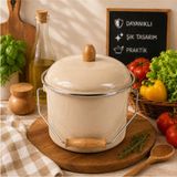 Alev Emaye Emaye Bakraç Tencere | Krem Iç Hazneli, Kapaklı, Ahşap Saplı Dekoratif Saklama Kabı | Pastel Renk - Bej - 20 cm